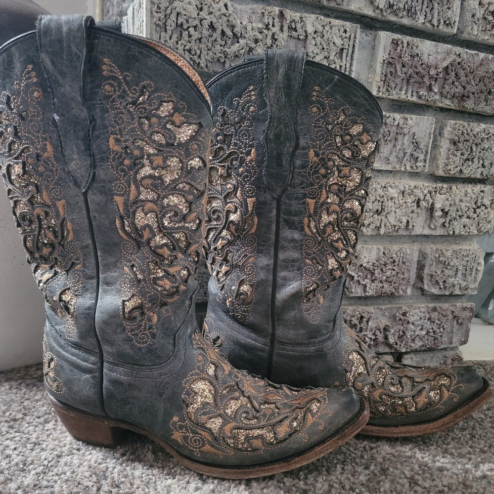 Gray and Gold Embroidered Corral Cowboy Boots